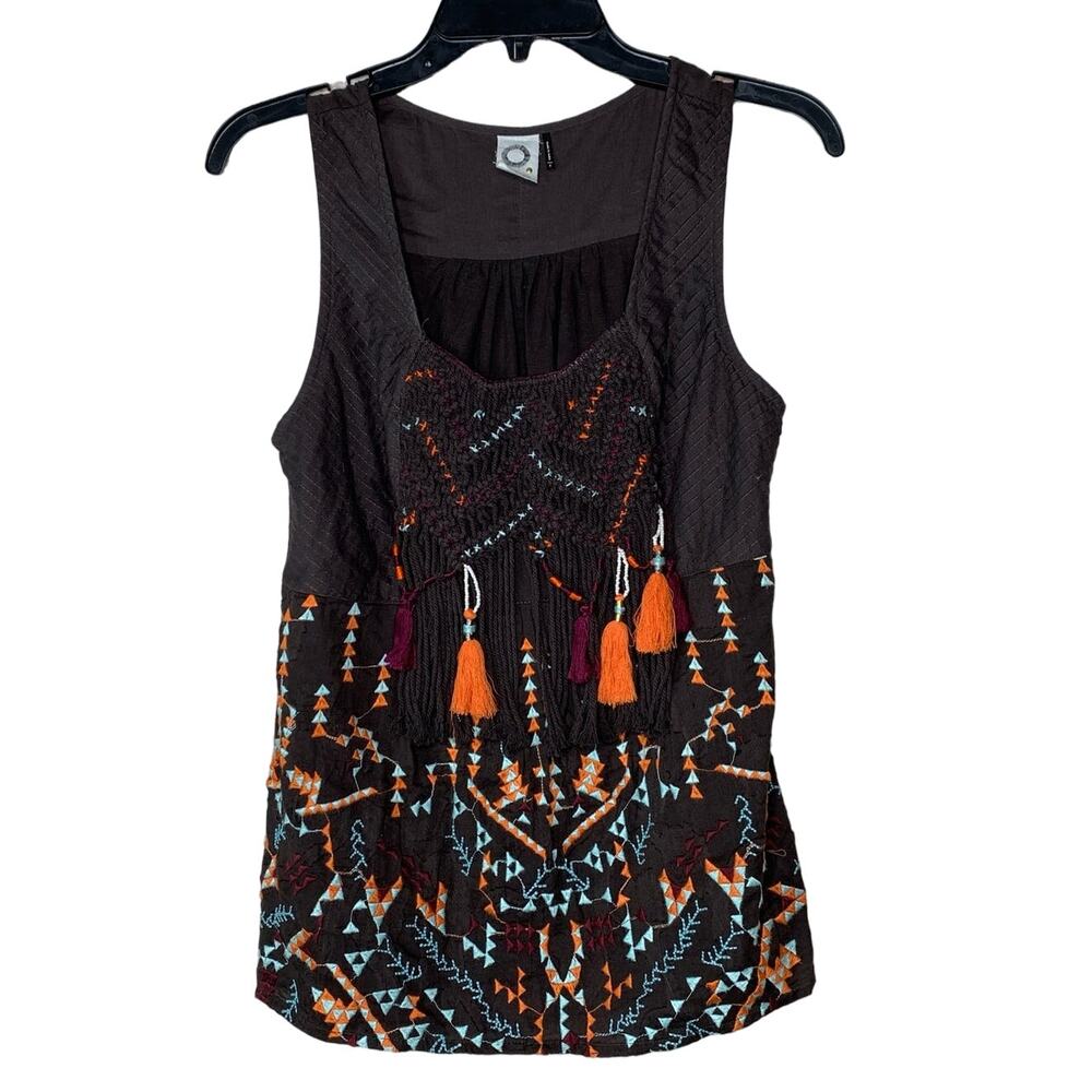 Anthropologie Brown Tank Top Embroidered Tassel Akemi and Kin Rigmarole Shirt